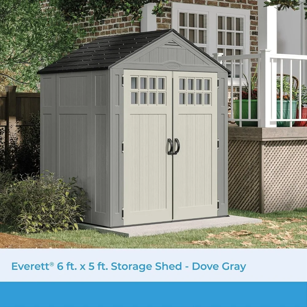 Everett 6' x 5' Heavy-Duty Resin Outdoor Storage Shed with Pad-Lockable Double Doors and Windows, All-Weather Shed