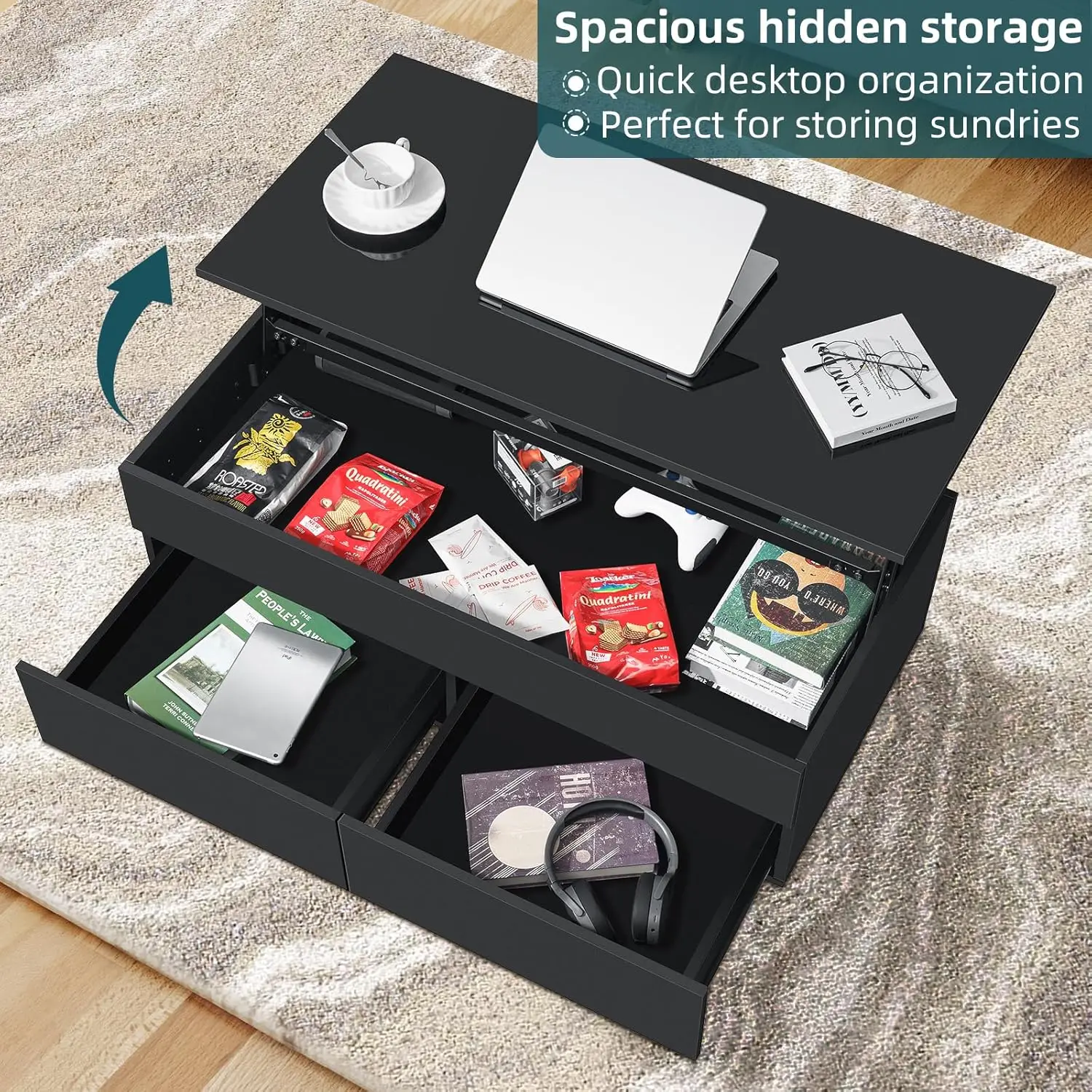 Lift Top Coffee Table with Hidden Storage LED Coffee Table Morden High Gloss Black Living Room 3 Tiers Modern Tea Table