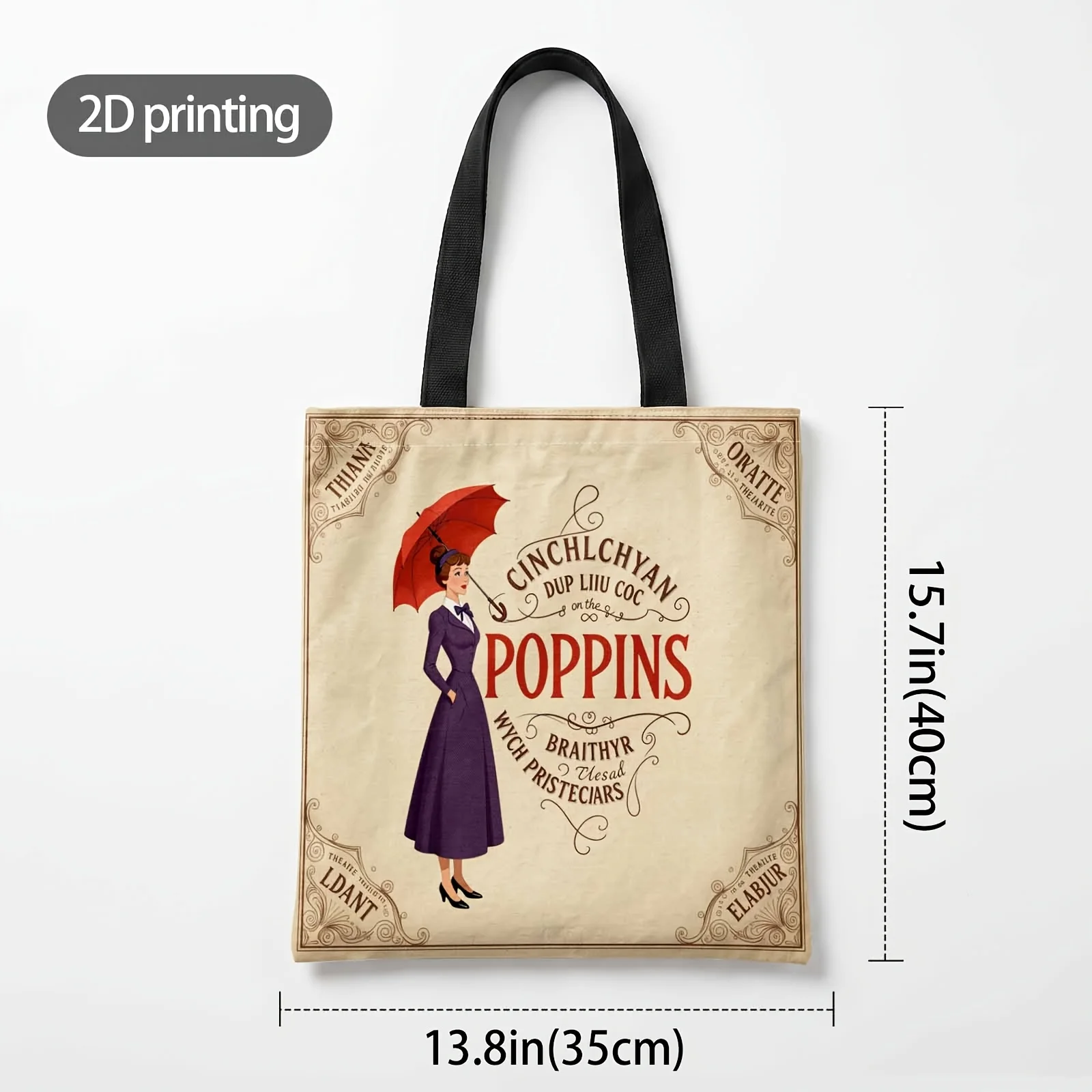 2D Printed Handbag with Mary Poppins Returns Pattern, Reusable Fashion Shoulder Bag Shopping Tote Bag Suitable for Shopping Offi