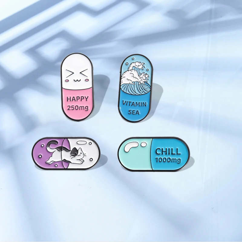 Brooch Custom Cat Happy Chill Pill Pin Lapel Badges Cartoon Funny Jewelry Gift for Kids Friends Pharmacy School Survivor Enamel