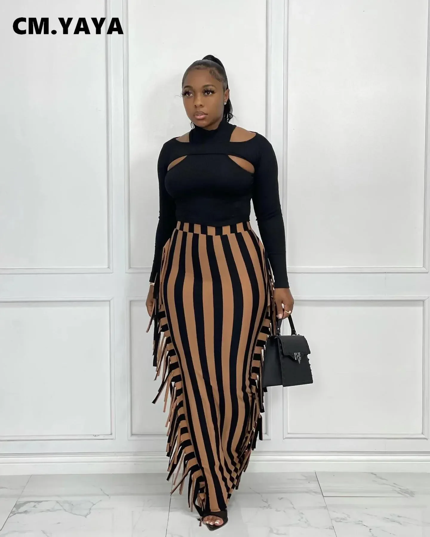CM.YAYA Women Stripe High Waist Tassel Side Sexy Bodycon Midi Maxi