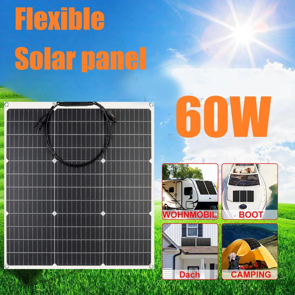 60W Solar Panels 18V Flexible Monocrystalline Silicon Solar Cells Power Bank Portable Solar Battery Energy Camping RV Car Home