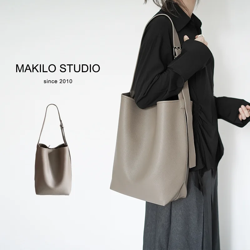 

MAKILO Solid Color Simple Lychee Texture Bucket Bag Lazy Style Casual Tote Bag Large Capacity Laptop Crossbody Bag