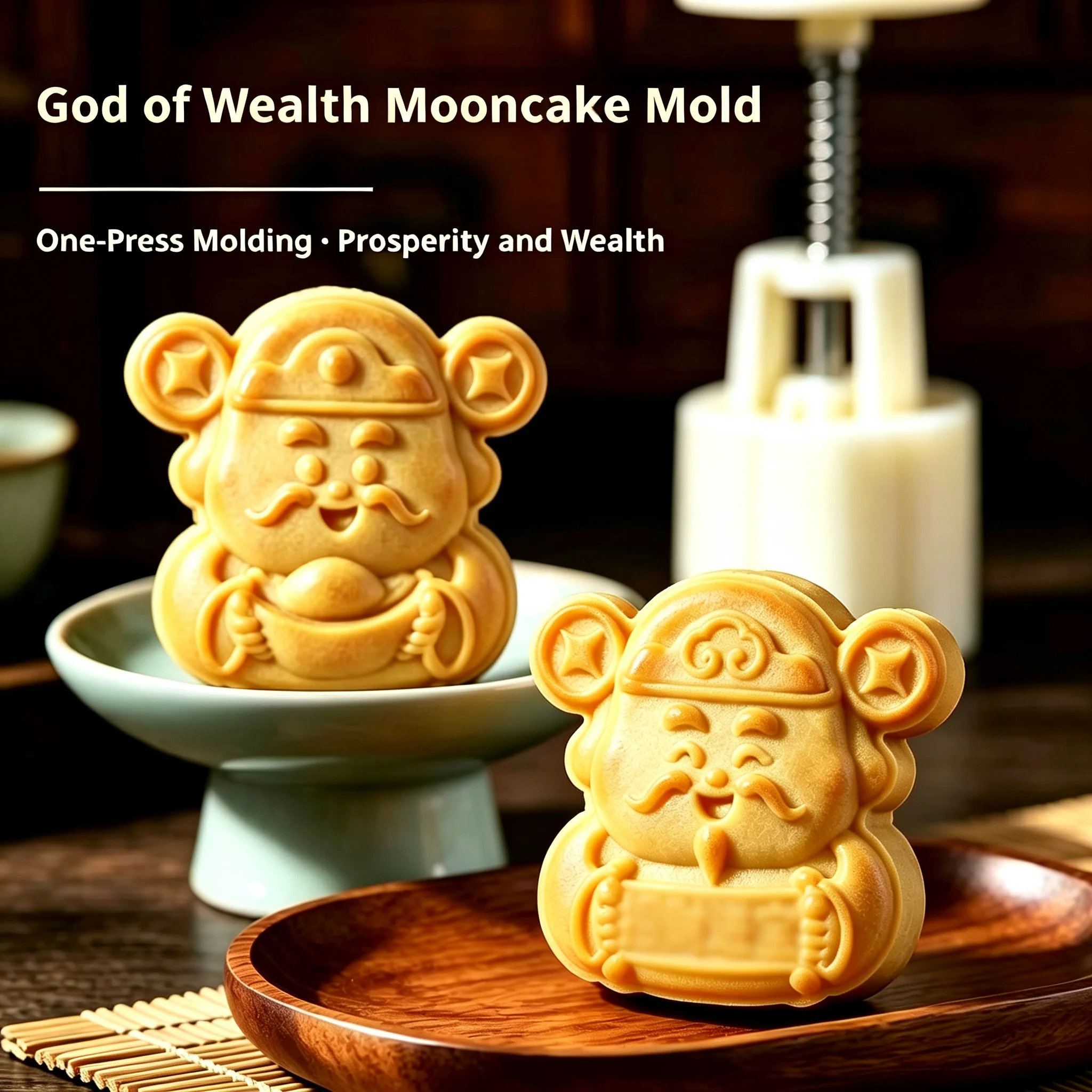 Chinese God of Wealth Mooncake Mold Hand Press Food Grade 75g Pastry Mold for Mung Bean Cakes Baking Tool