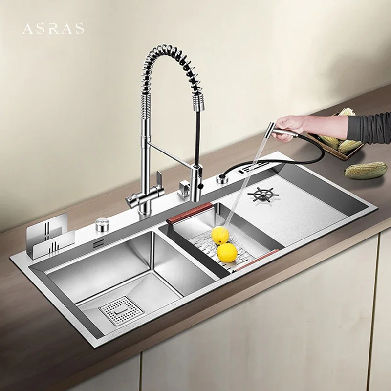 

ASRAS Large Size Double Kitchen Sink Cup Rinser Sink 4mm Thickness 220mm Depth With Drain Plate Knife Holder Handmade Sinks