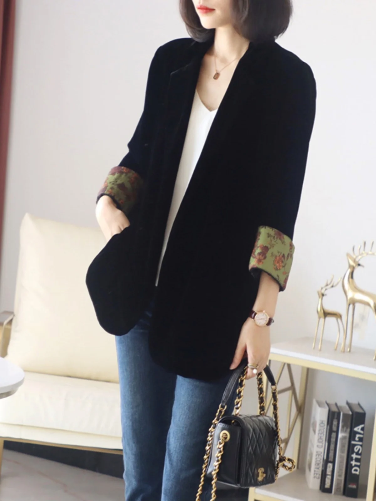 

Повседневный шелковый бархатный китайский костюм Jaet, женский свободный крой, цветное пальто с воротником, пальто с разрезом подол, девять све, Busin Wear