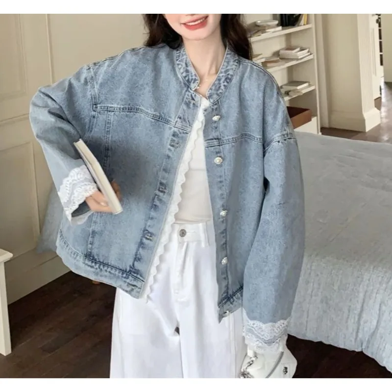 Lace Lace Splicing Denim Jacket Women's Spring and Autumn 2026 New Casual Jacket High Sense