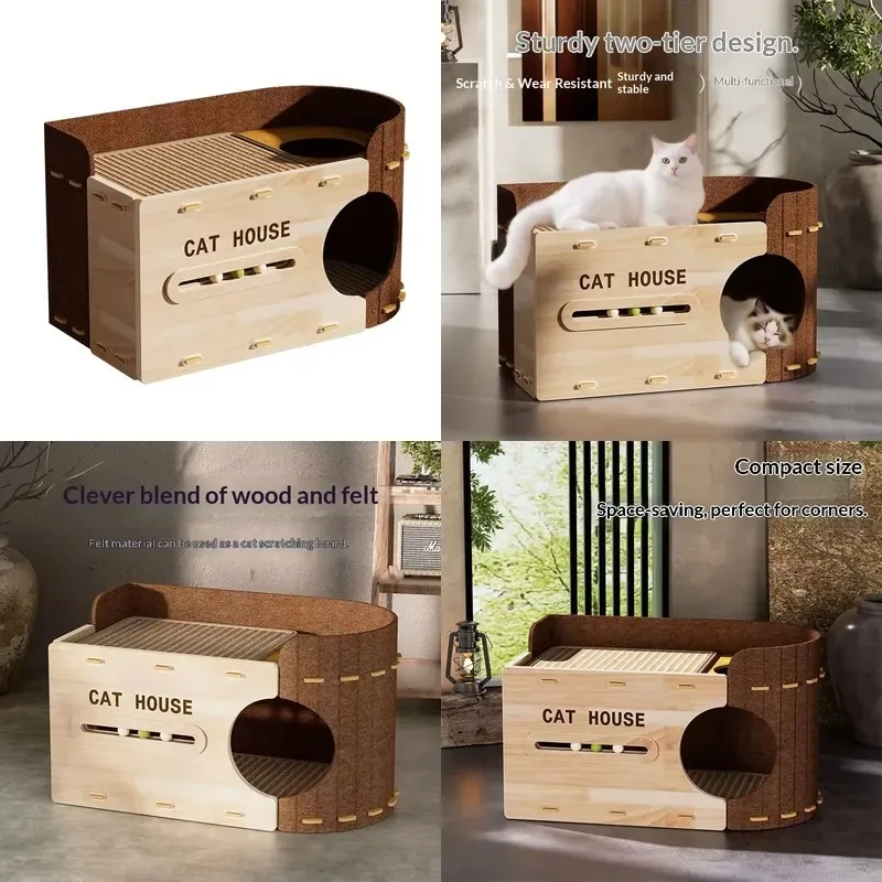 Cute Eco Friendly Weatherproof Cat Bed House with Integrated Scratching Board Spacious Queen Bunk Design