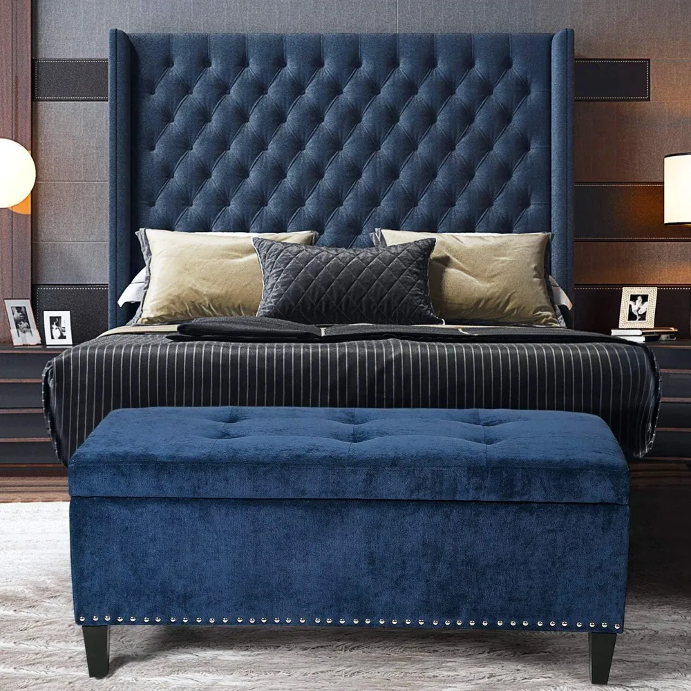 with Nailhead Trim for Bedroom (Royal Bl 41 Inches Storage Ottoman Bench,Microfiber Button Tufted Footstool Ottoman Bench