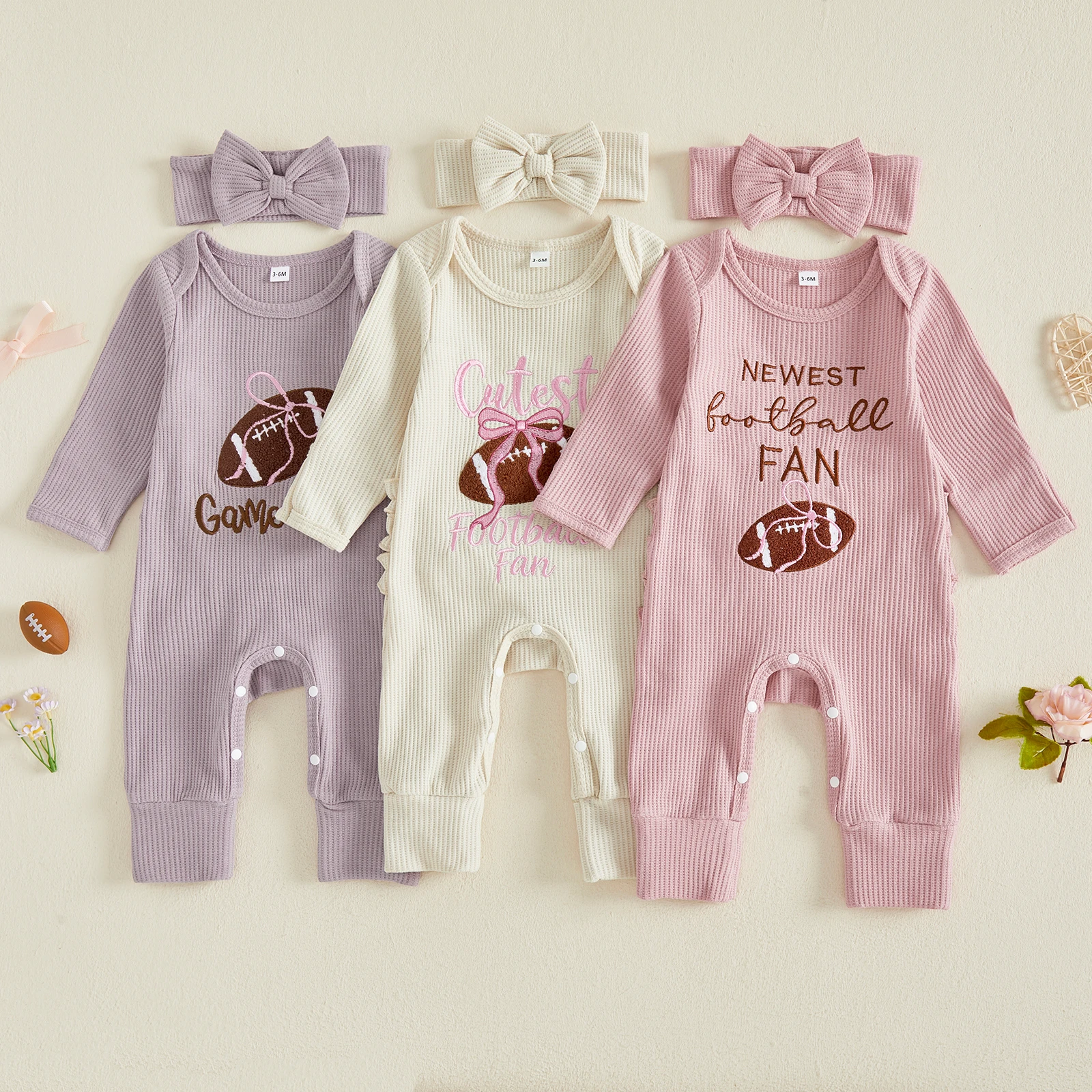 Baby Girl Fall  Football Season Romper Letter Rugby Embroidery Crew Neck Bodysuit With Headband
