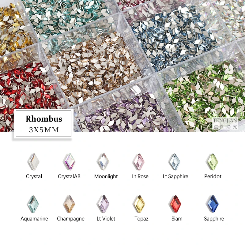 Mini Flat Back 3x5MM Rhombus Nail Art Rhinestones 12 Colors Glass Crysta For DIY Manicure Decoration Diamond 30/100Pcs