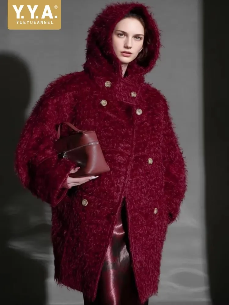 

Luxury Women Mid-Length Loose Double-side Wool Coats Double Breasted Wool Cashmere Coat Winter Warm Office Lady Hooded Outerwear