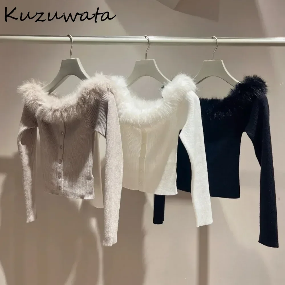 Kuzuwata Sexy Pure Desire Feminine Slash Neck Jumper Fur Patchwork Knit Minority High Street Knitted Japan Moda French Sweaters