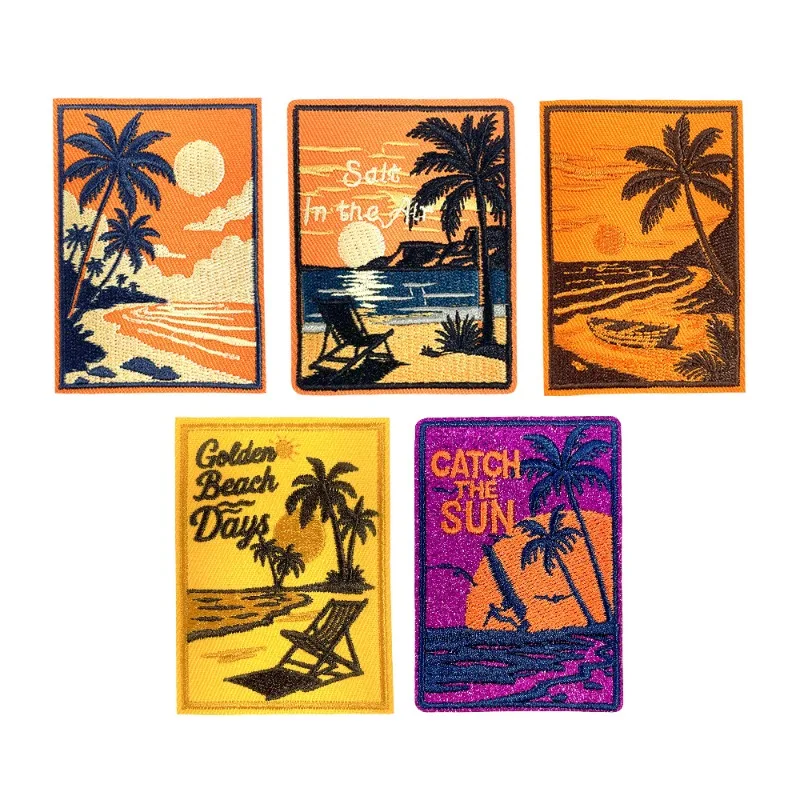 Old Retro Beach Trees Sunset Rectangle Iron-on Sew Embroidery Badge Patches DIY T-shirt Hat Backpack Clothing Appliques Sticker