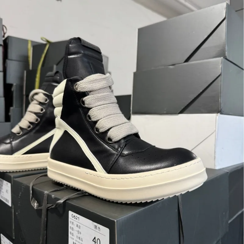 Unisex Genuine Leather High‑Top Sneakers Side Zipper Contrast Triangle Thick Platform Lace‑Up Casual Streetwear Ankle Boots EU