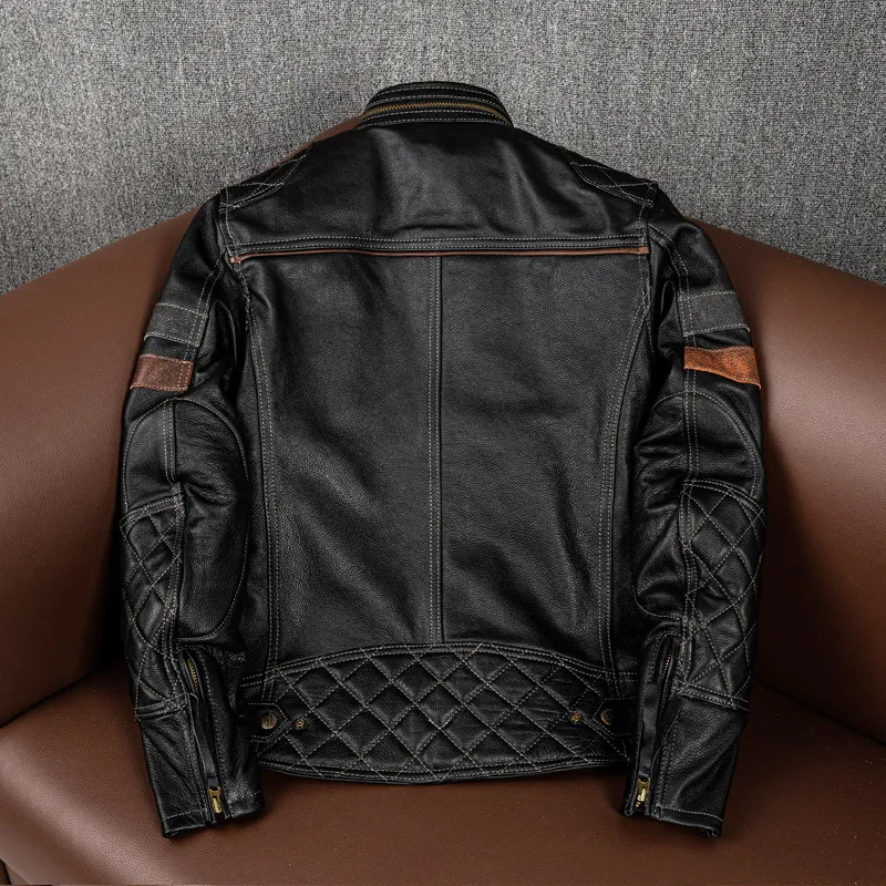 Heavy first-layer cowhide leather men's stand-up collar locomotive clothing American casual can add protective gear jacket