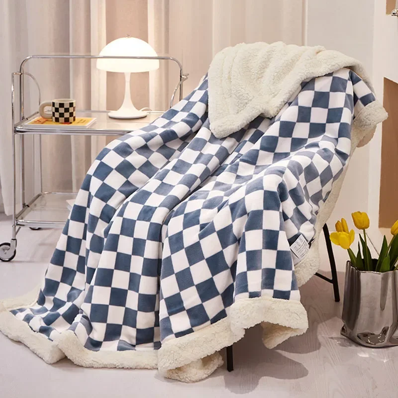 Nordic Thick Warm Checkered Blanket Double Layer Lamb Wool Leisure Blanket for Office Nap Bedspread with Edging for All Seasons