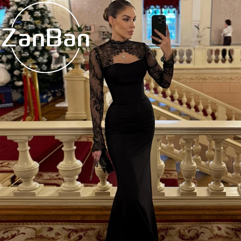 Robes de soirée sirène noires sexy ZanBan pour femmes, robes de bal à col montant, Vestidos Para Mujer, robe longue en dentelle à manches longues