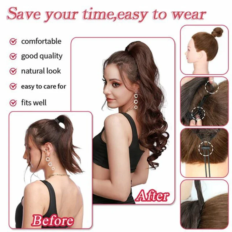 24inch Body Wavy Ponytail Hair Extension Long Wave Drawstring Clip in Ponytail Red Synthetic Fake Horse Tail Hairpiece for Women