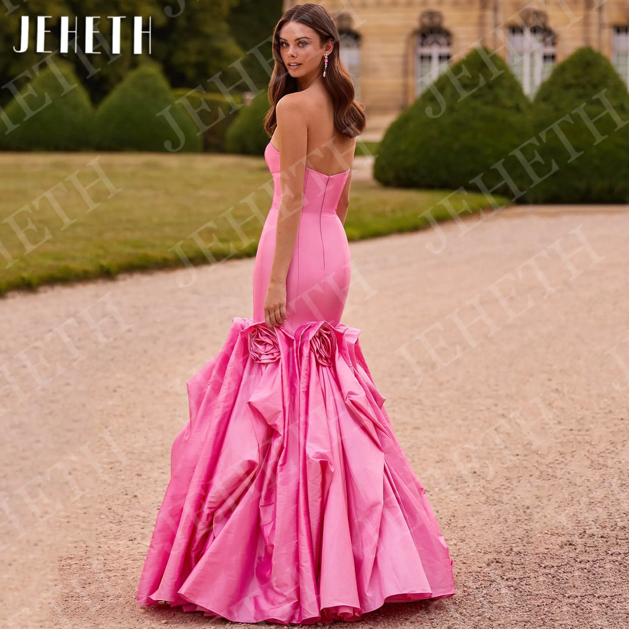 JEHETH robes de soirée Satin robes de bal fête formelle personnalisé sirène bretelles 3D fleurs à volants robe de célébrité femme Robes de soirée Satin Robes de bal Fête formelle personnalisée Sirène sans bretelles 3D