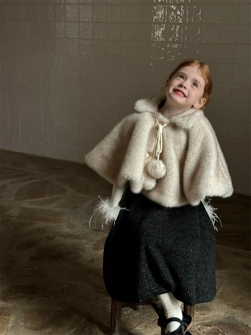 Girls Coat 2024 Winter New Childrens Clothes Girls Baby Foreign Style High-grade Retro Fur Shawl Coat Casual Simple Daily