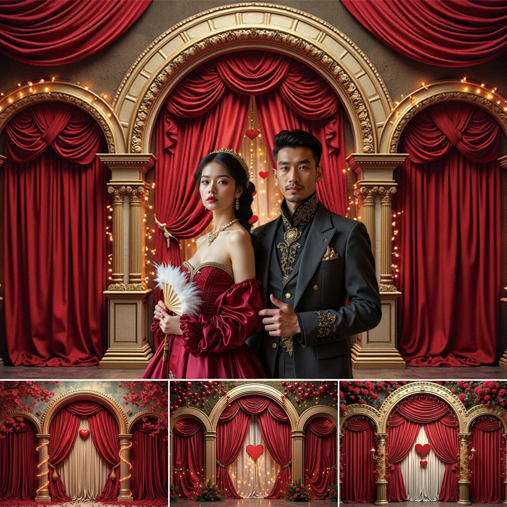 

MOON.QG February 14 Valentine's Day Backdrop Wall Arch Door Glitter Light Heart Backgrounds Photographs Photo Portrait Poster