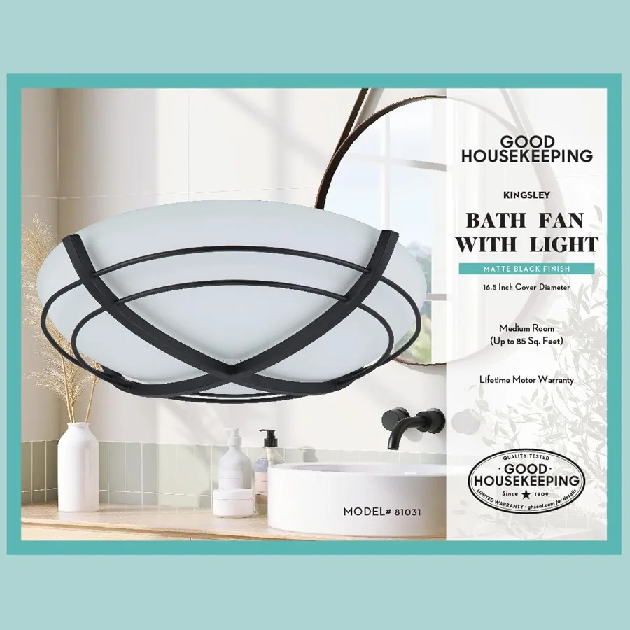 81031 Kingsley ديكور 90 CFM 2.5 Sones مروحة عادم تهوية الحمام مع ضوء أسود غير لامع للحمام الحديث Renovat #5