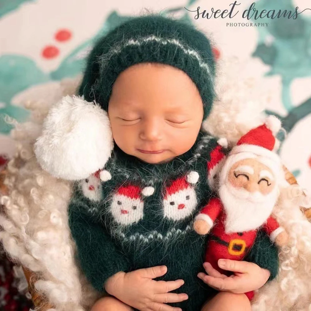 Green Christmas Knit Newborn Outfit Santa Sweater Hat Set Baby Photography Props Holiday Studio Accessories Boutique Costume