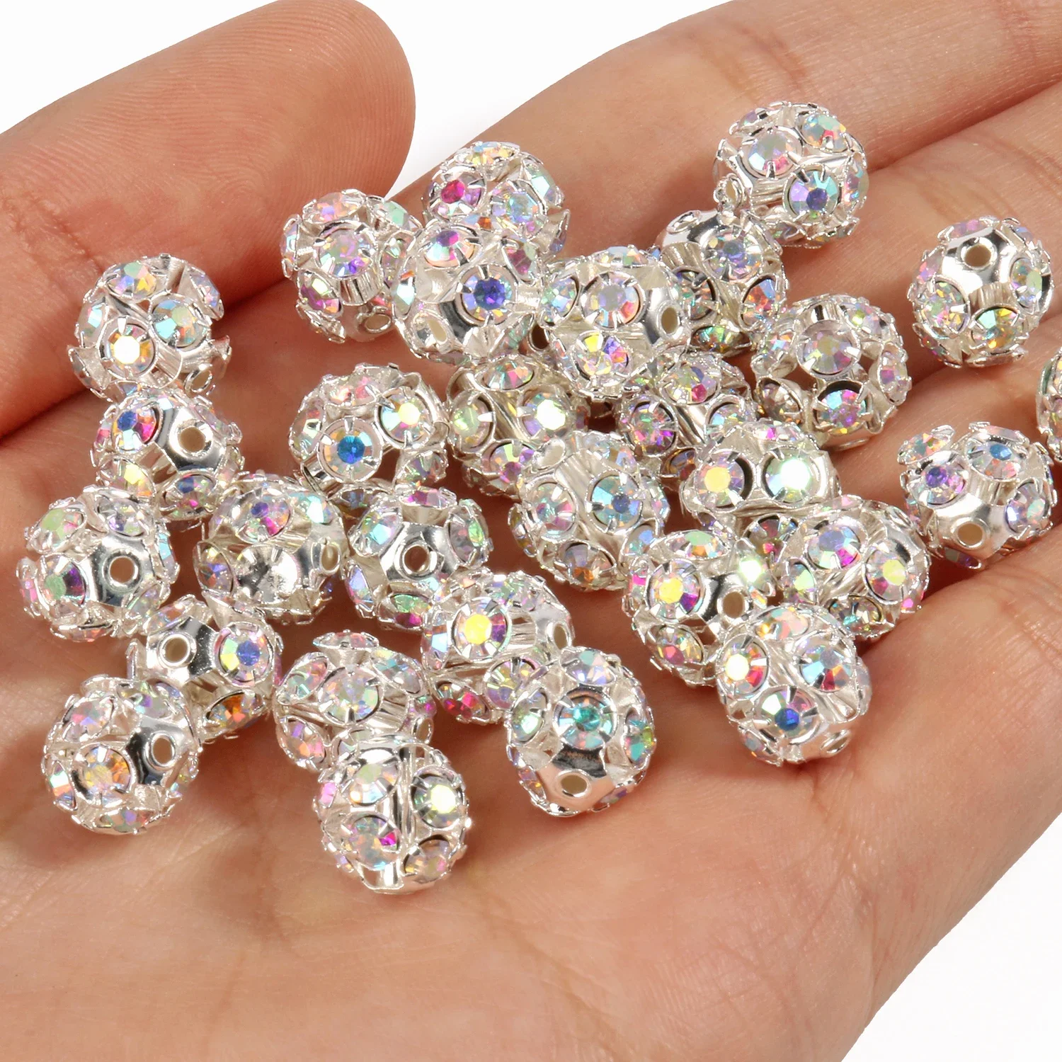 

50pcs 6/8/10mm AB Color Metal Crystal Beads Rhinestone Ball Shape Loose Beads for Jewelry Making DIY Gift Bracelet Accessories