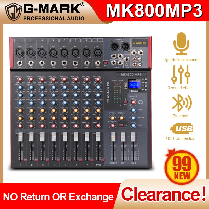 

99 New , G-MARK MK800MP3 Audio Mixer 8 Channel Mixing Console Bluetooth Sound Board With USB Reverb For Stage DJ Controller