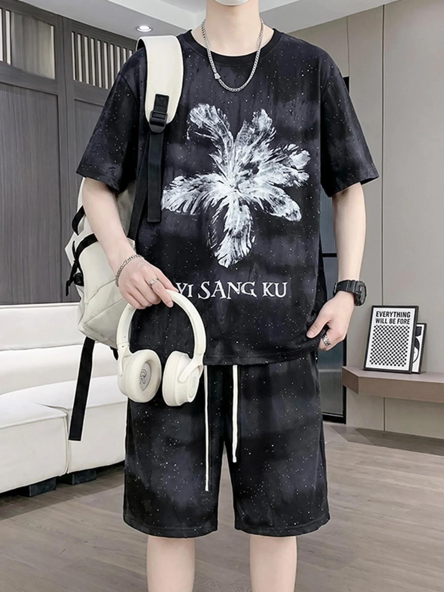 men's-short-sleeve-short-set-summer-loose-trendy-thin-quick-dry-sport-casual-two-piece-set-polyester-fiber-short-pants