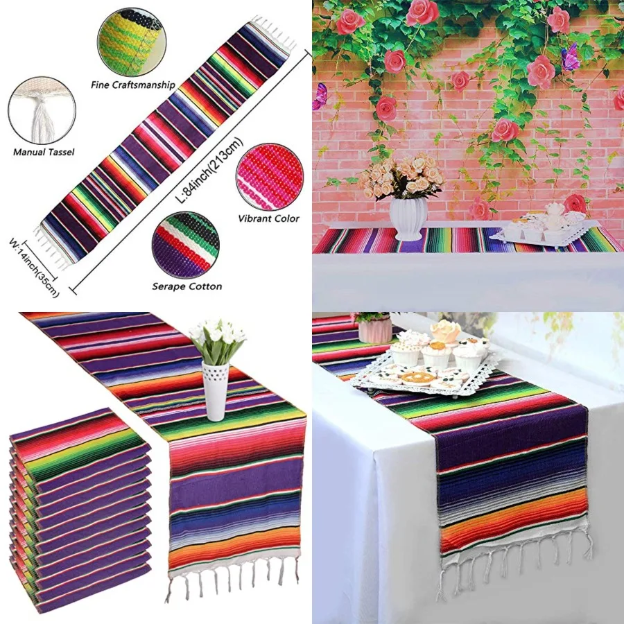 

12 Packs Mexican Blanket Serape Table Runner Colorful Striped Fringe Cotton Table Runner for Mexican Birthday Party Wedding Hol