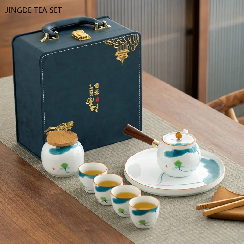 Hand-painted portable tea set side handle pot Travel Teapot and Cup set Outdoor one pot of four cups with tea pot with tea tray