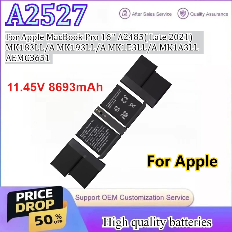 

A2527 Аккумулятор 11,45 В, 8693 мАч для Apple MacBook Pro 16 дюймов A2485 (конец 2021) MK183LL/A MK193LL/A MK1E3LL/A MK1A3LL/A EMC3651