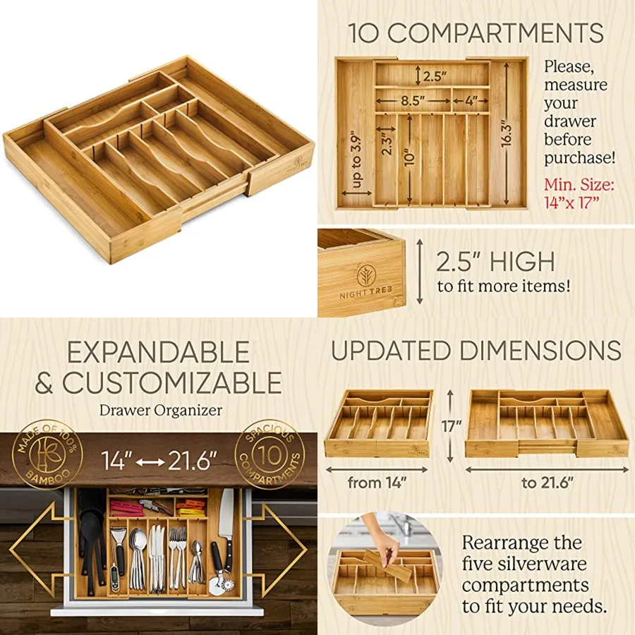 

2.5" Extra Deep Silverware Drawer Organizer with Adjustable Dividers Expandable Bamboo Flatware Tray for Kitchen, Reinforced Wo
