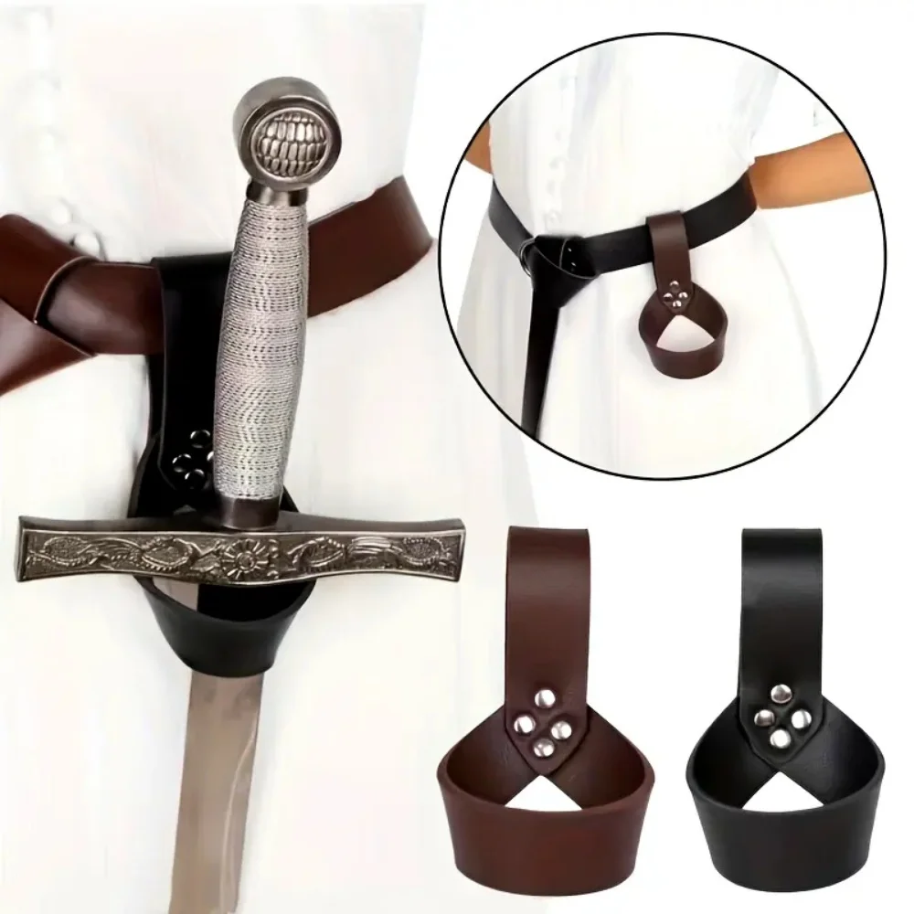 Funda de espada vikinga de caballero Medieval, vaina de cuero PU, anillo de estoque, soporte de daga para espada, vaina, accesorios de Cosplay para Halloween