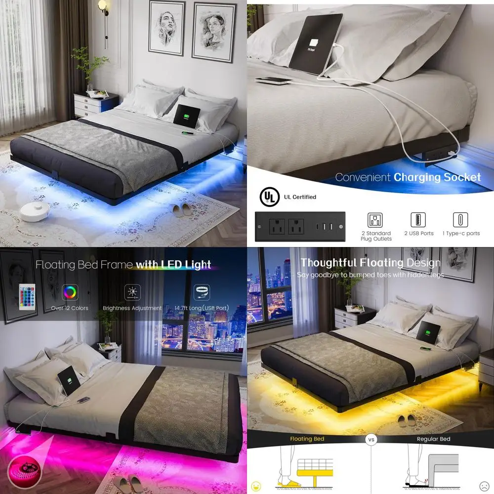 

Queen Size Floating Bed with Smart LED Lights and Charging Station - Modern Metal Platform Bed, Easy Assembly, No Box Spring Nee