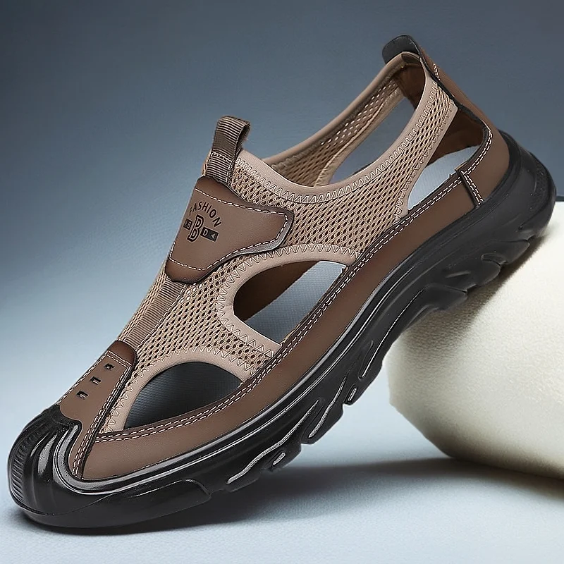 

Мужская летняя сумка, нескользящая обувь с полой сеткой и отверстиями, пляжные дышащие сандалии для отдыха, уличная легкая спортивная мужская обувь
