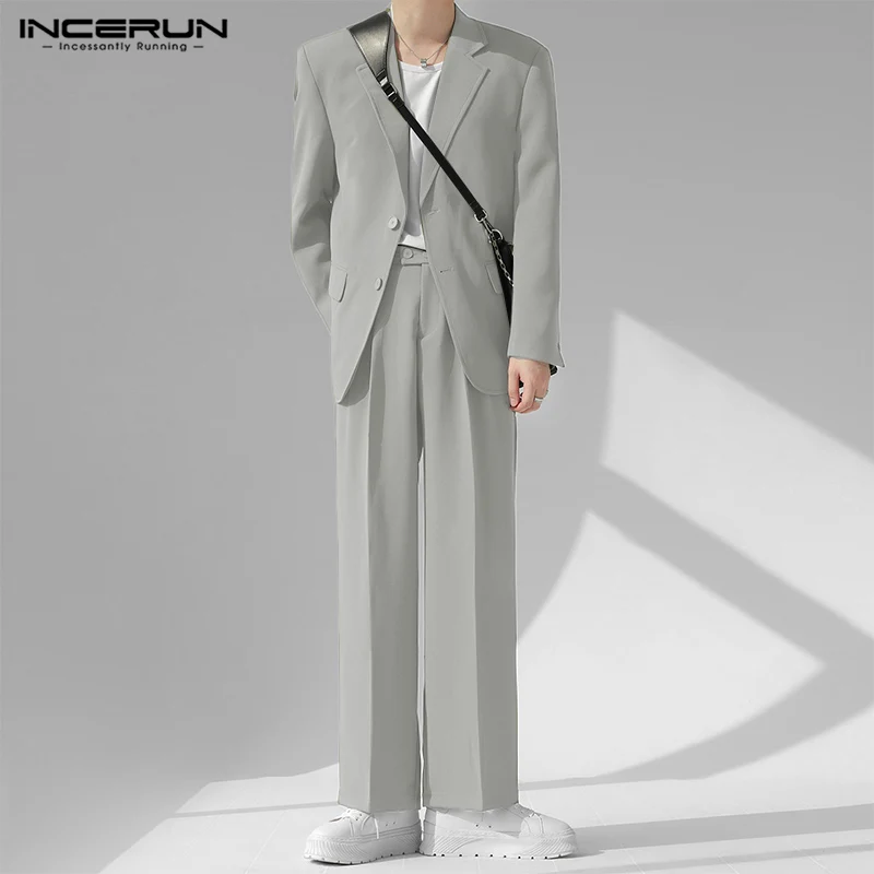 INCERUN Men Sets Solid Color Streetwear Laple Long Sleeve Button Blazer & Pants 2PCS 2024 Korean Fashion Men Casual Suits S-5XL