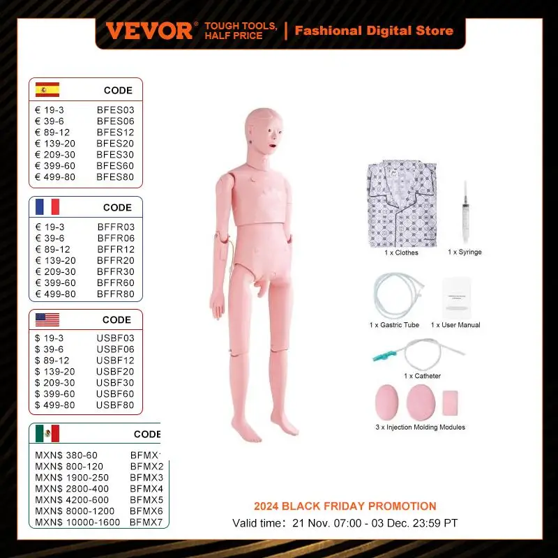 VEVOR Nursing Training Manikin Male Life Size Demonstration Human Manikin Multifunctional Education Teaching Model Supplies PVC