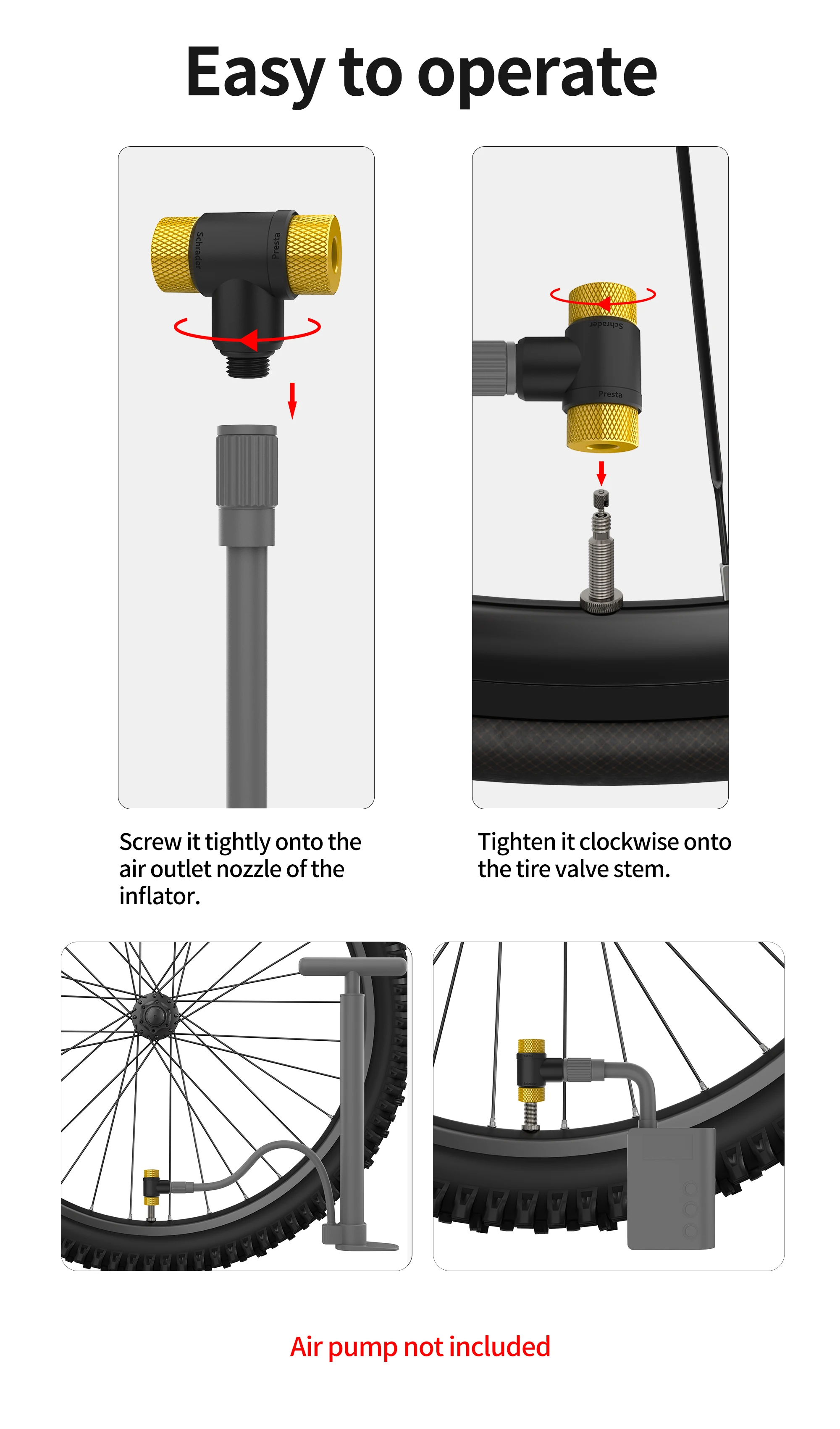 Doppelkopf-Fahrradpumpenadapter F/V A/V Schrader Presta Ventil-Konverter für Fahrradausrüstung – Detail 6