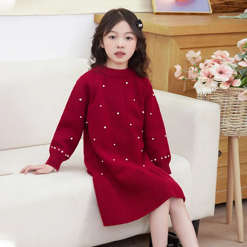 Girls' sweater skirt Girls' dress CuHK children's New Year's wear 2024 autumn and winter new children's sweater New Year's wear