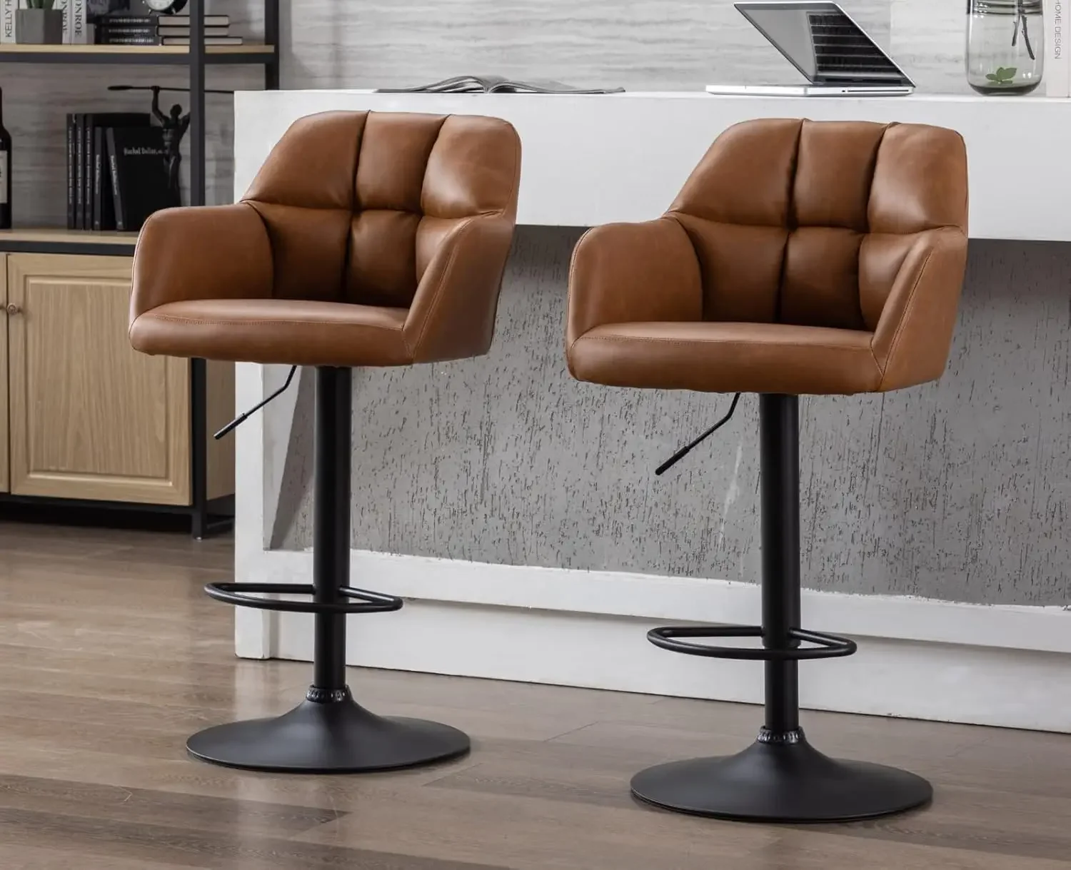 EALSON โมเดิร์นเก้าอี้บาร์หมุนชุด 2 หนังความสูงเคาน์เตอร์ Barstools พร้อมพนักพิงและแขนปรับเก้าอี้บาร์