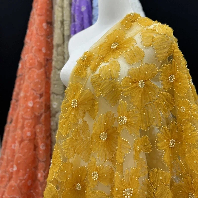 

African 3D Flowers Embroidered Lace Mesh Fabric Flowers Silver Beaded Wedding Dress Designer Craft Fabric DIY Sewing Accessories