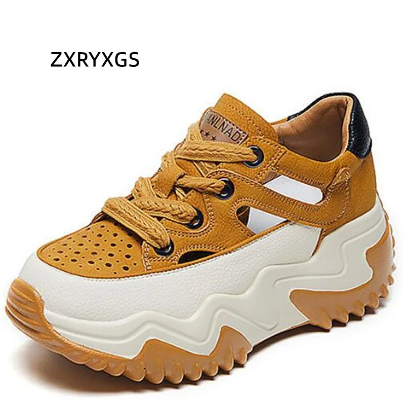 ZXRYXGS 2024 Cowhide Hollow Summer Women Sneakers Sandals Platform Non-slip Inner Heightening Shoes Casual Sneakers Trend Shoes