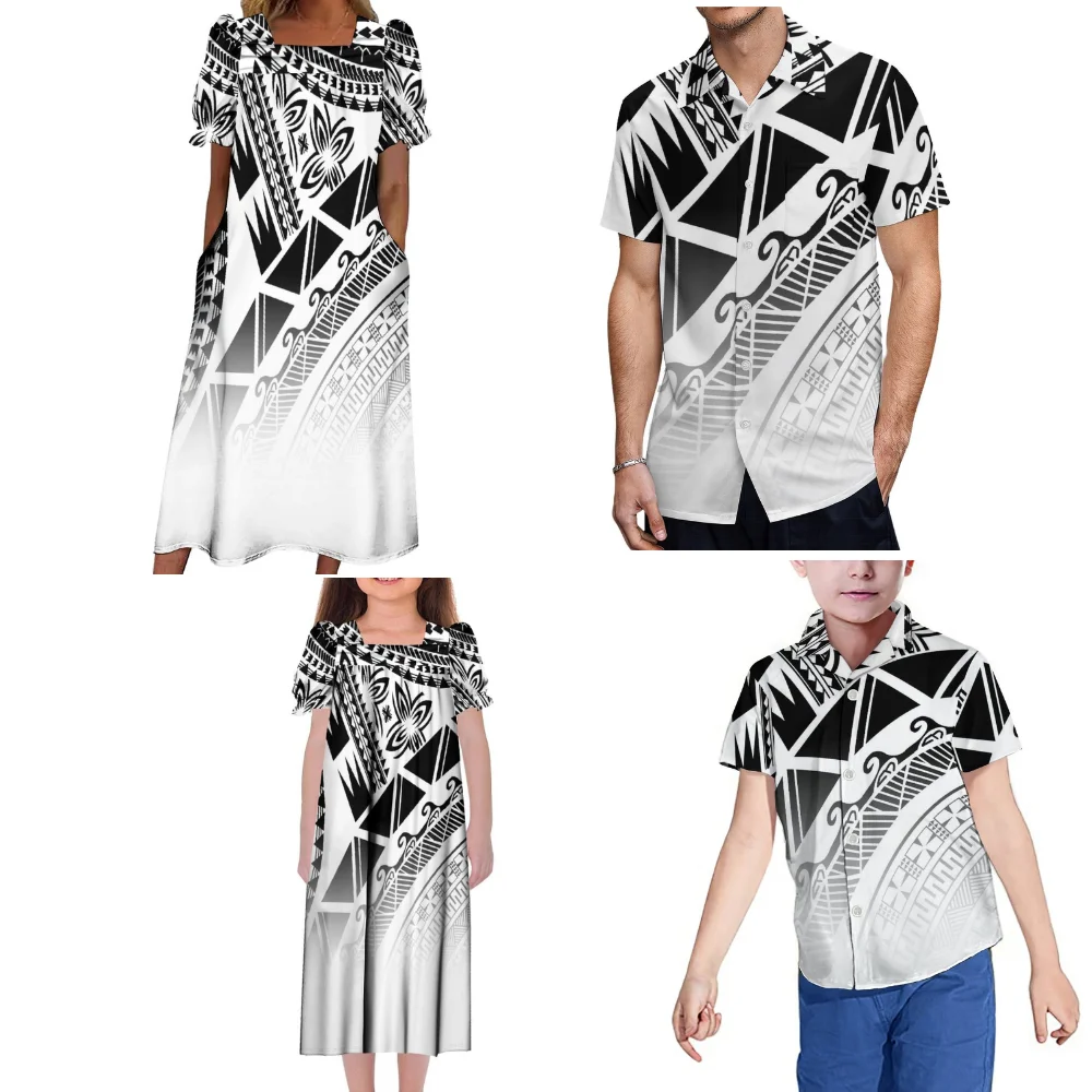 

New Custom Polynesian Family Clothing Microsian Square Collar Mumu Women Dress Girls Dress Men Shirt Boys Shirt