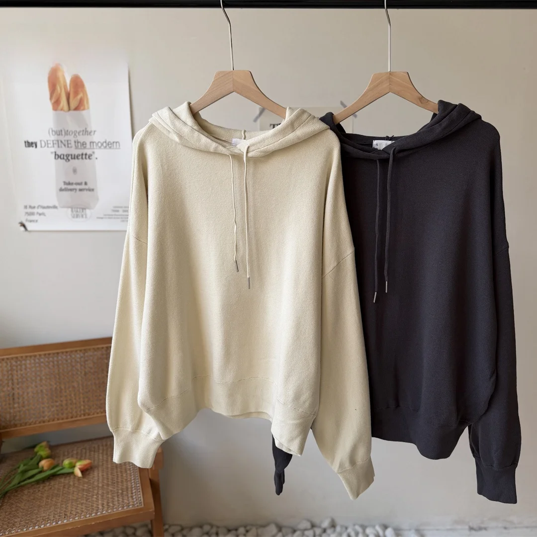 

Свободный повседневный вязаный худи в японском стиле, удобный, с длинными рукавами, круглым вырезом, осенний, модный, женский