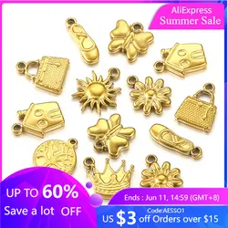 10Pcs/Lot Stainless Steel Gold-plated Small Charm Sun Flower Crown Pendants DIY Necklace Earrings Jewelry Accessories Wholesale