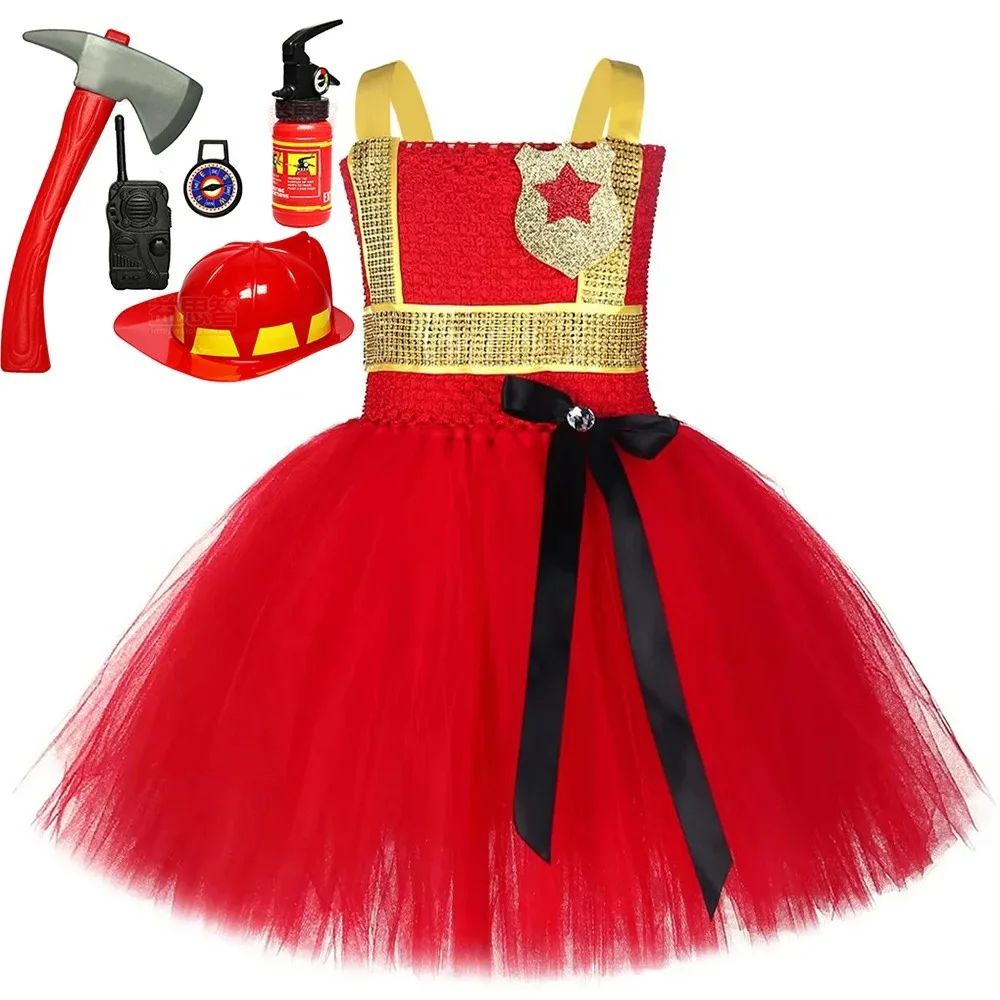 Halloween Kids Firefighter Themed Red Dress Baby Girls Tulle Tutu Skirt Children Stage Show Outfit With Matching Accessory Kit