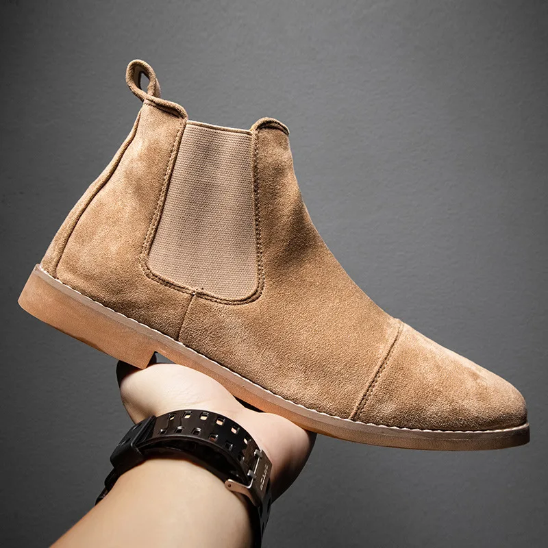 

British Style Suede Men's Chelsea Boots Pointed-Toe Elastic Band Ankle Boots Man Large Size 46 Flat Dress Shoes Men botas hombre